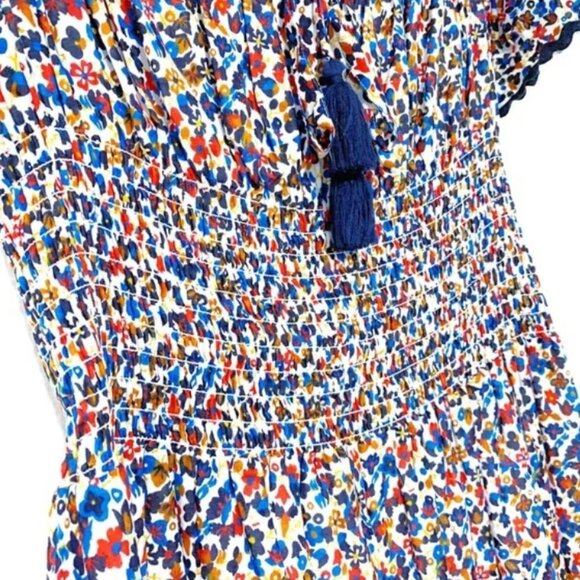 Tory Burch Wildflower Tiered Off Shoulder Smoked Navy Pipping Midi Dress S $498 - Picture 3 of 16